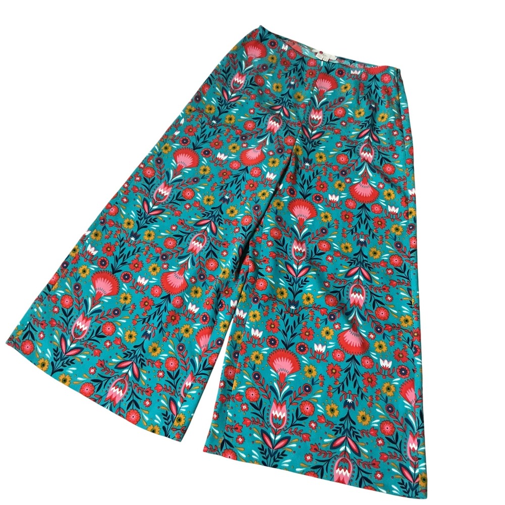 Boden Floral Wide Leg Culottes Womens 4 Teal Blue Folk Print High Rise T0348 - Picture 1 of 7